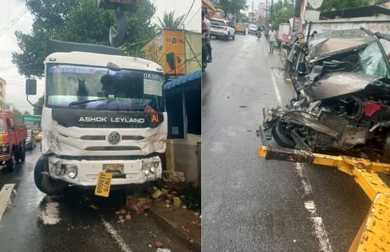 குமரி மாவட்டம் தக்கலையில் இன்று காலை தேசிய நெடுஞ்சாலையில் கனிமவள டாரஸ் லாரியும், காரும் நேருக்கு நேர் மோதி விபத்துக்குள்ளானது