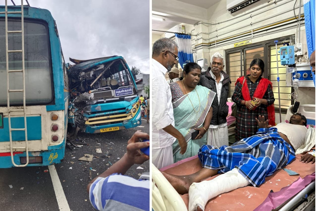 தென்காசி அருகே கோர விபத்து இரு பேருந்துகள் நேருக்கு நேர் மோதல் ஆறு பேர் பலி 30-க்கும் மேற்பட்டோர் படுகாயம்