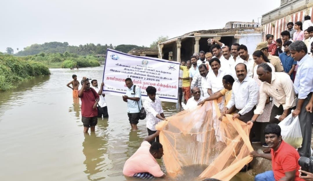 உள்நாட்டு மீன்வளத்தினை பெருக்கிடும் திட்டத்தின் கீழ், திருநெல்வேலி குறுக்குத்துறை தாமிரபரணி ஆற்றில், நன்னீர் மீன்குஞ்சுகள் இருப்பு செய்யும் திட்டத்தை துவக்கி வைத்த, மாவட்ட ஆட்சித் தலைவர் டாக்டர் சுகுமார்! ஒரே நேரத்தில், மொத்தம் 2 லட்சம் மீன் விரலிகளை, இருப்பு செய்திட இலக்கு!