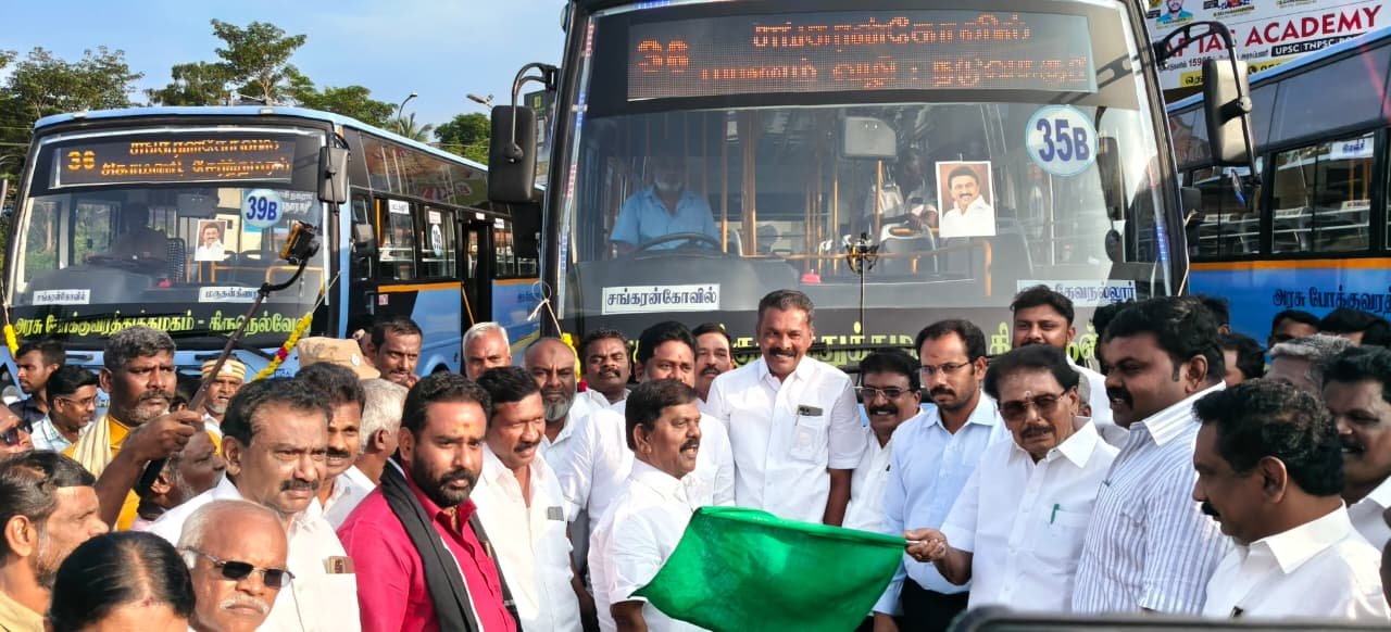 புதிய பேருந்துகள் துவக்க விழா அமைச்சர் கே.கே.எஸ் எஸ்.ஆர் பங்கேற்பு.