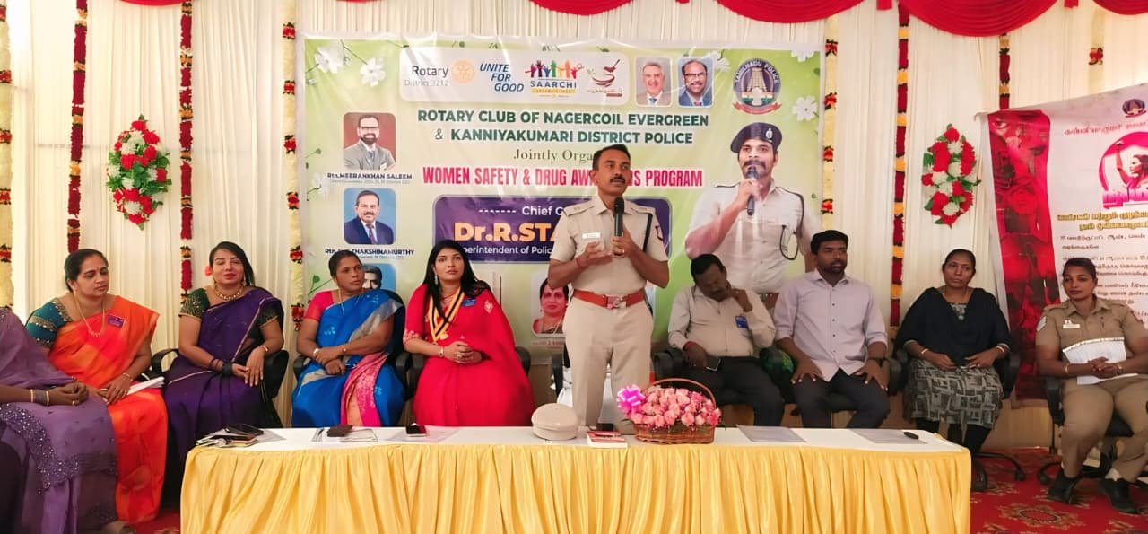 நாகர்கோவில்: எவர்கிரீன் ரோட்டரி – குமரி மாவட்ட காவல் துறை இணைந்து பெண்கள் பாதுகாப்பு, போதைப்பொருள் விழிப்புணர்வு நிகழ்ச்சி