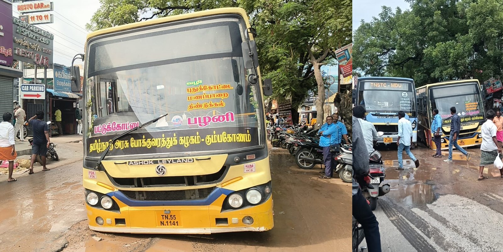 பழனியில் அரசு பேருந்து பள்ளத்தில் கவிழ்ந்து விபத்து - பாதாள சாக்கடை பணியால் பொதுமக்கள் அவதி!